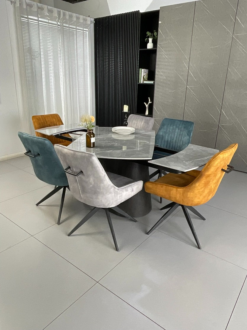Cleo Twist Wood Dining Set Grey with 6 Mixed Colour Russell Chairs