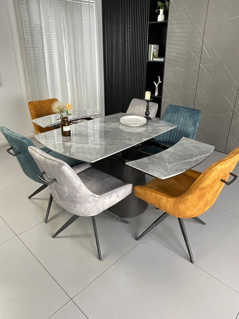 Cleo Twist Wood Dining Set Grey with 6 Mixed Colour Russell Chairs