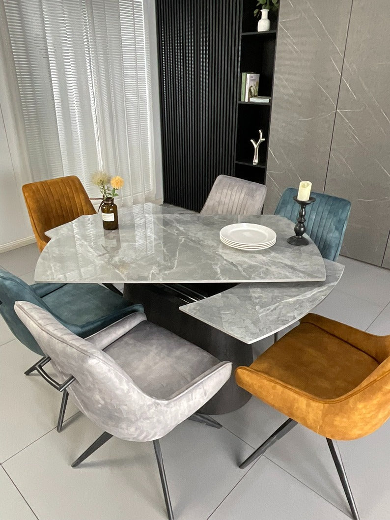 Cleo Twist Wood Dining Set Grey with 6 Mixed Colour Russell Chairs