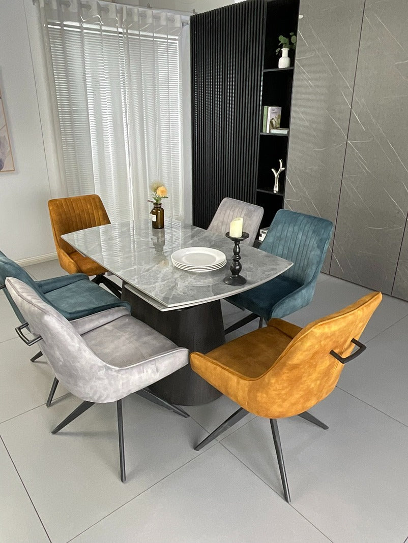 Cleo Twist Wood Dining Set Grey with 6 Mixed Colour Russell Chairs