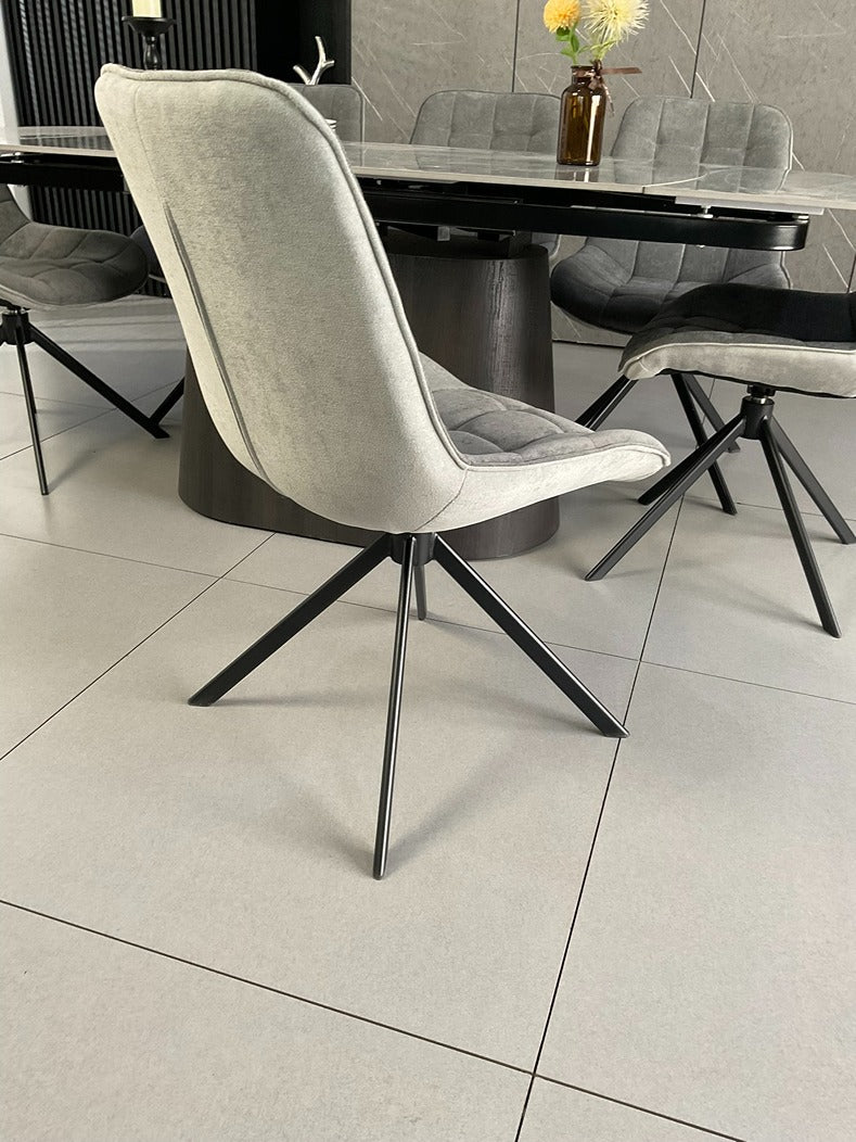 Cleo Twist Wood Dining Set Grey with 6 Grey Larkin 360 Auto Spin Chair