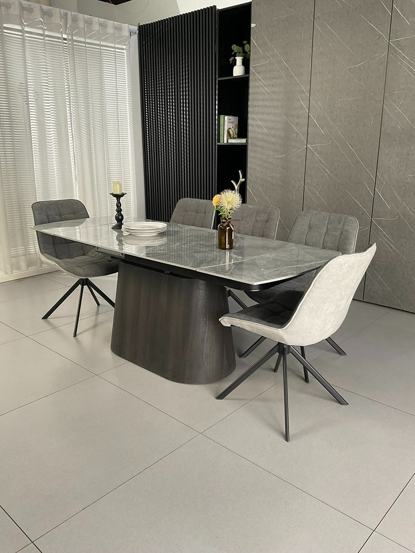 Cleo Twist Wood Dining Set Grey with 6 Grey Larkin 360 Auto Spin Chair