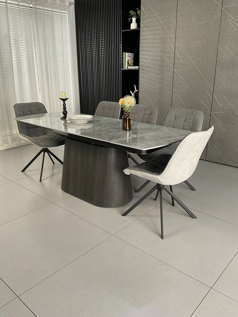 Cleo Twist Wood Dining Set Grey with 6 Grey Larkin 360 Auto Spin Chair