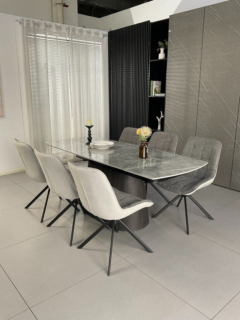 Cleo Twist Wood Dining Set Grey with 6 Grey Larkin 360 Auto Spin Chair