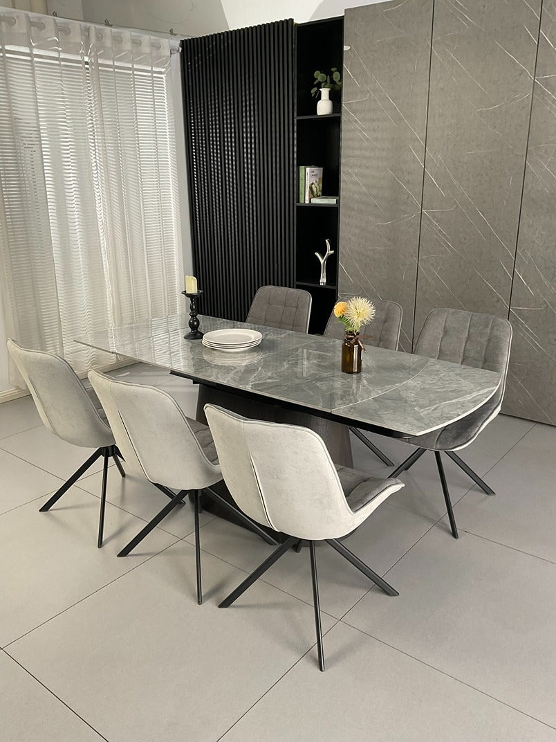 Cleo Twist Wood Dining Set Grey with 6 Grey Larkin 360 Auto Spin Chair