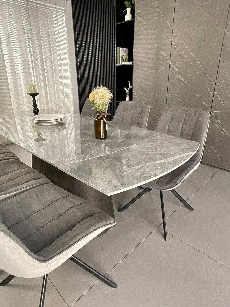 Cleo Twist Wood Dining Set Grey with 6 Grey Larkin 360 Auto Spin Chair