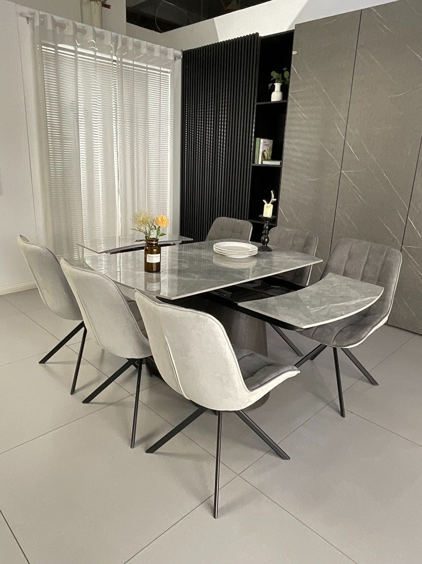 Cleo Twist Wood Dining Set Grey with 6 Grey Larkin 360 Auto Spin Chair