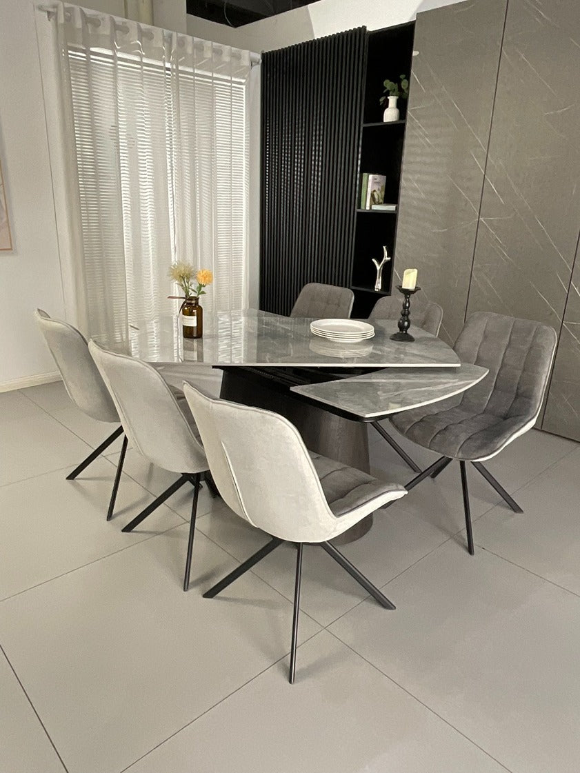 Cleo Twist Wood Dining Set Grey with 6 Grey Larkin 360 Auto Spin Chair