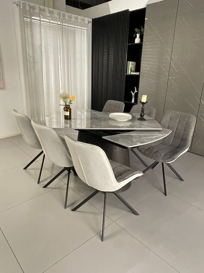 Cleo Twist Wood Dining Set Grey with 6 Grey Larkin 360 Auto Spin Chair