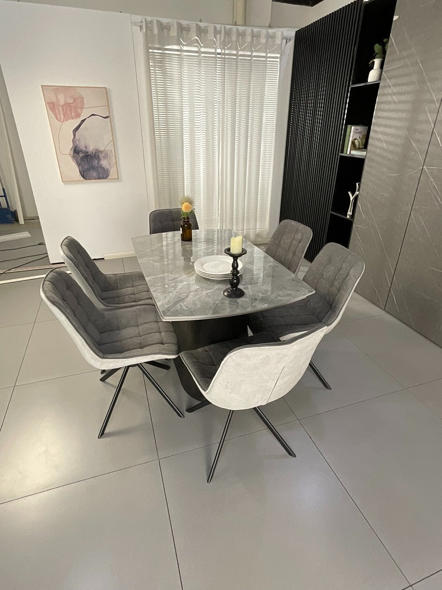 Cleo Twist Wood Dining Set Grey with 6 Grey Larkin 360 Auto Spin Chair