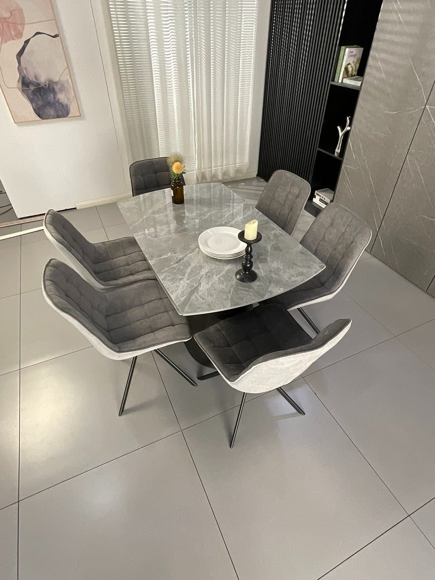 Cleo Twist Wood Dining Set Grey with 6 Grey Larkin 360 Auto Spin Chair