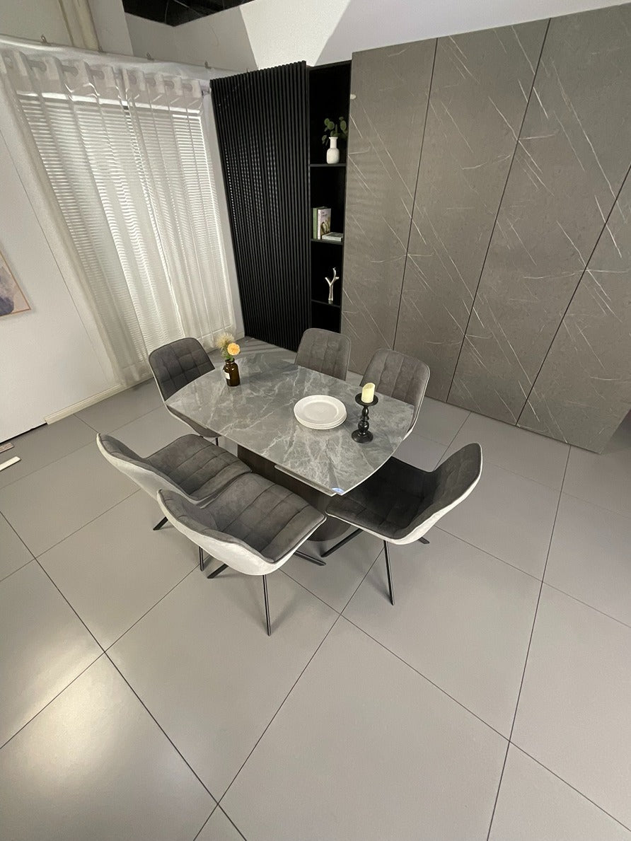 Cleo Twist Wood Dining Set Grey with 6 Grey Larkin 360 Auto Spin Chair