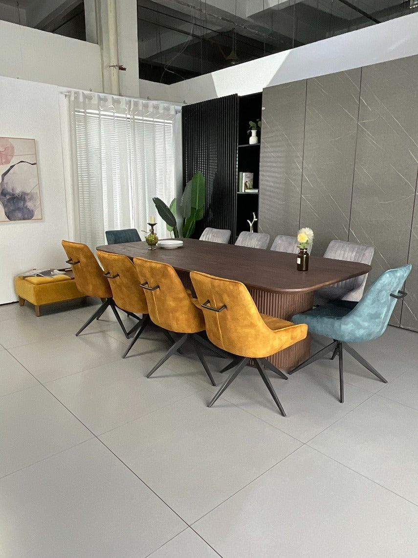 Windsor Walnut Finish Dining Set with Mixed Colour Russell Chairs