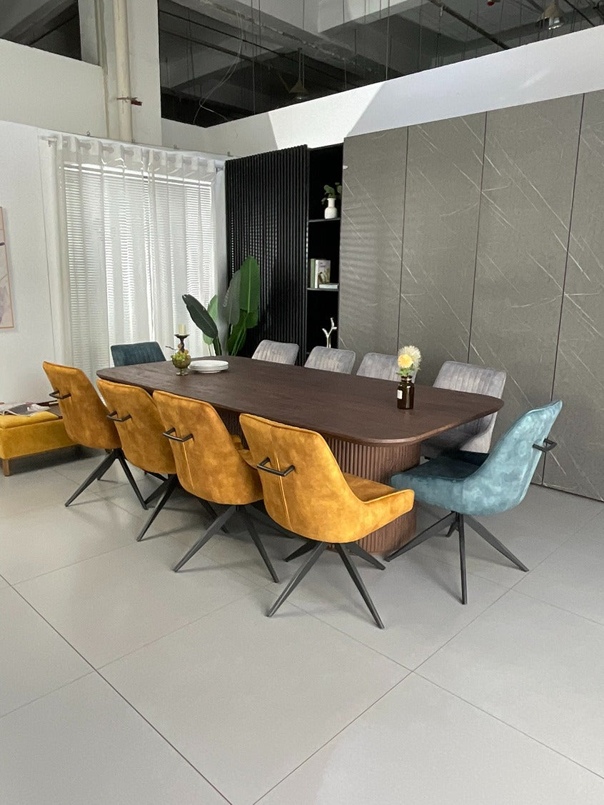 Windsor Walnut Finish Dining Set with Mixed Colour Russell Chairs