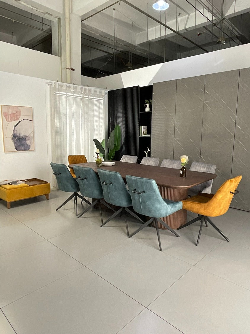 Windsor Walnut Finish Dining Set with Mixed Colour Russell Chairs