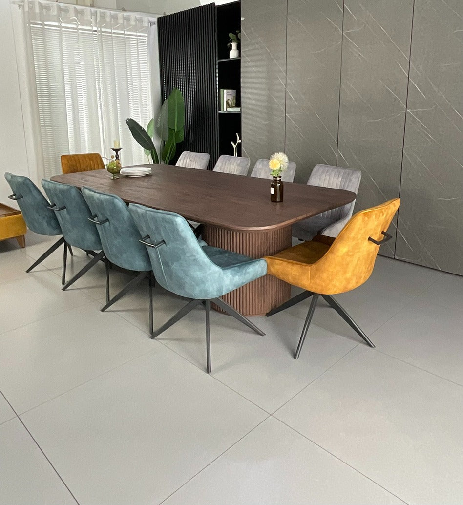 Windsor Walnut Finish Dining Set with Mixed Colour Russell Chairs