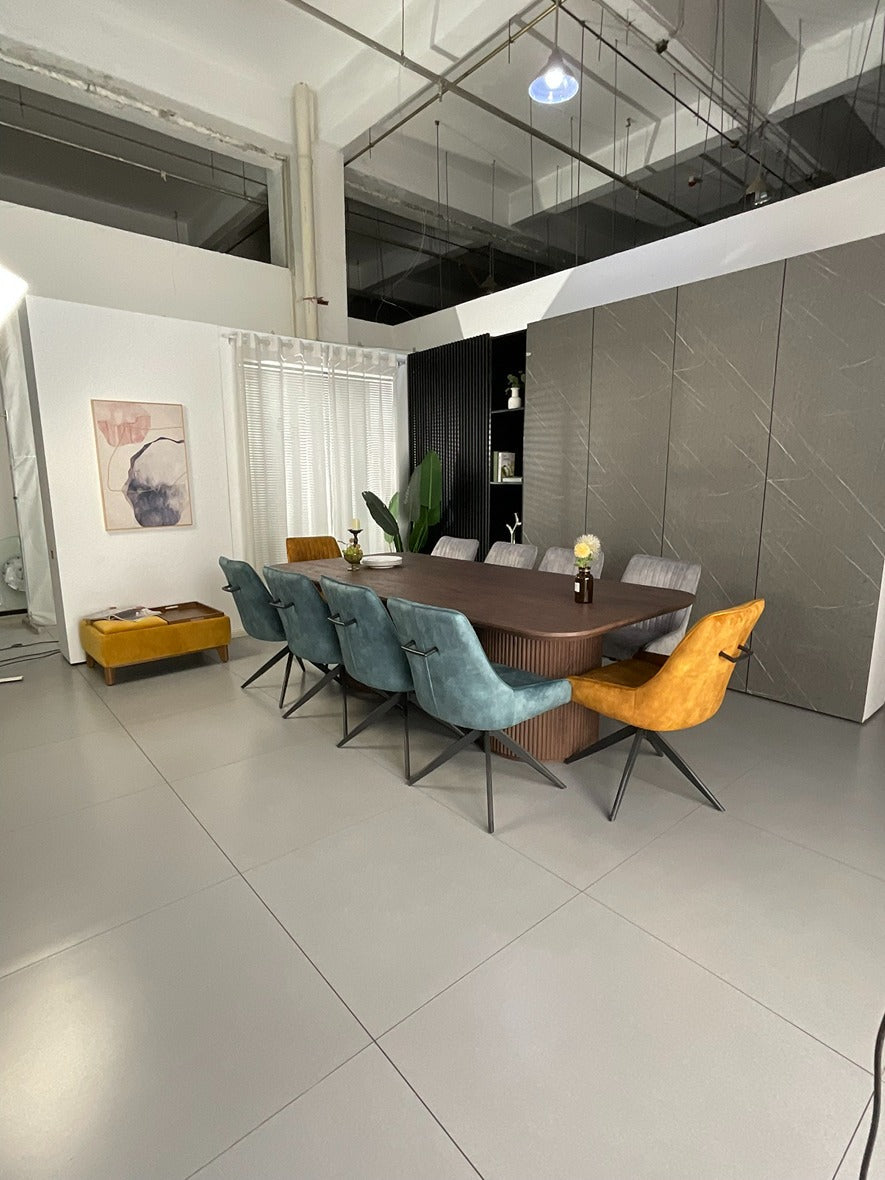 Windsor Walnut Finish Dining Set with Mixed Colour Russell Chairs