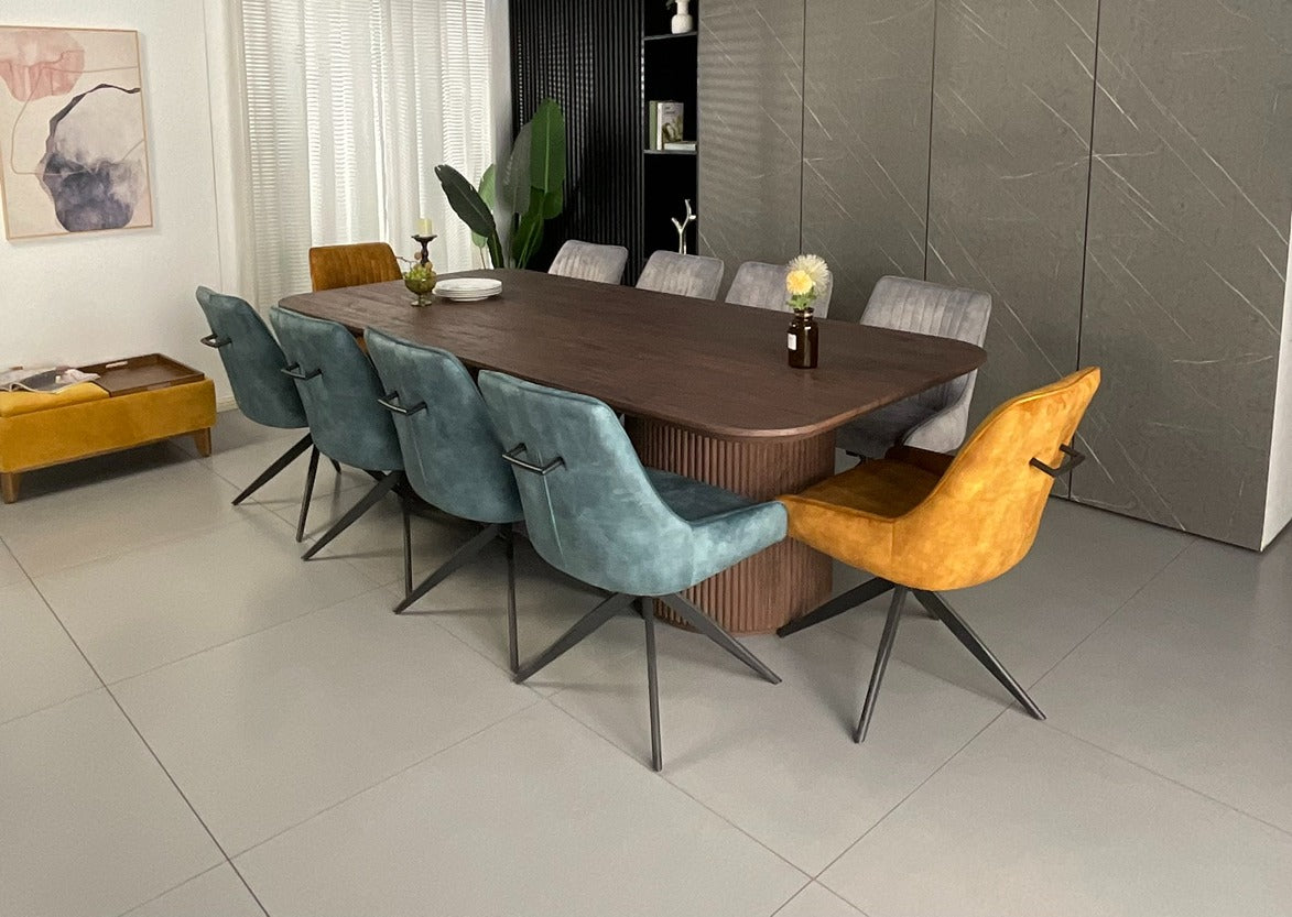 Windsor Walnut Finish Dining Set with Mixed Colour Russell Chairs