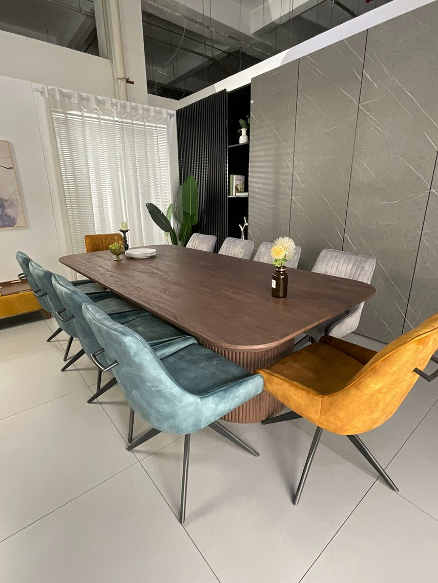 Windsor Walnut Finish Dining Set with Mixed Colour Russell Chairs