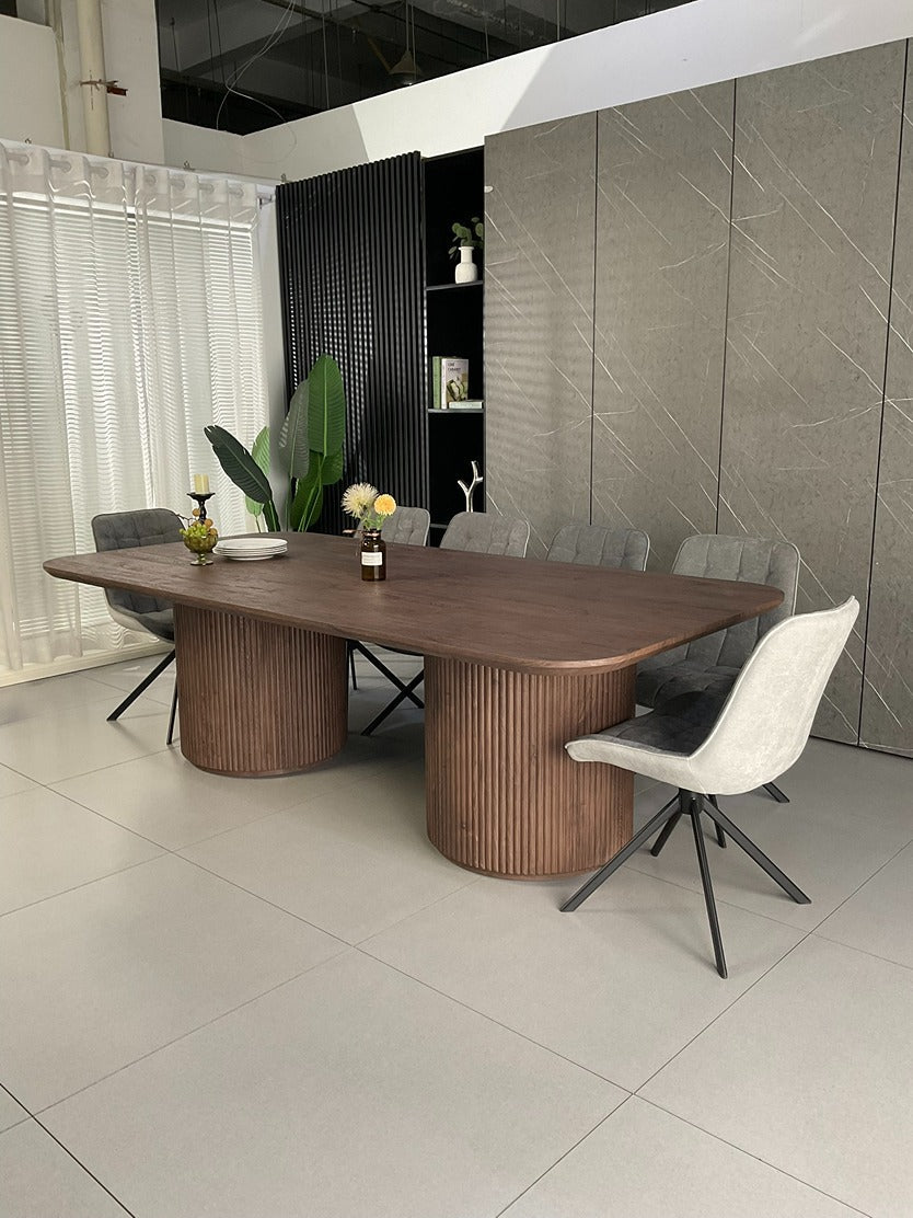 Windsor Walnut Finish Dining Set with Grey Larkin 360 Auto Spin Chair