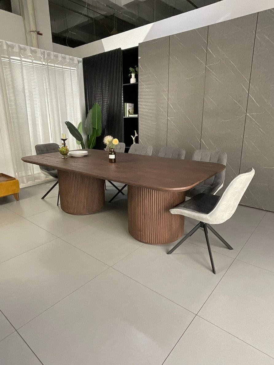 Windsor Walnut Finish Dining Set with Grey Larkin 360 Auto Spin Chair