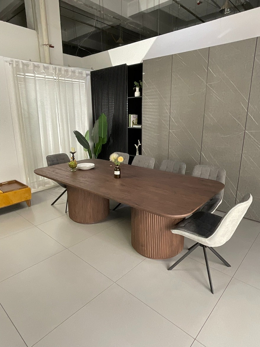 Windsor Walnut Finish Dining Set with Grey Larkin 360 Auto Spin Chair