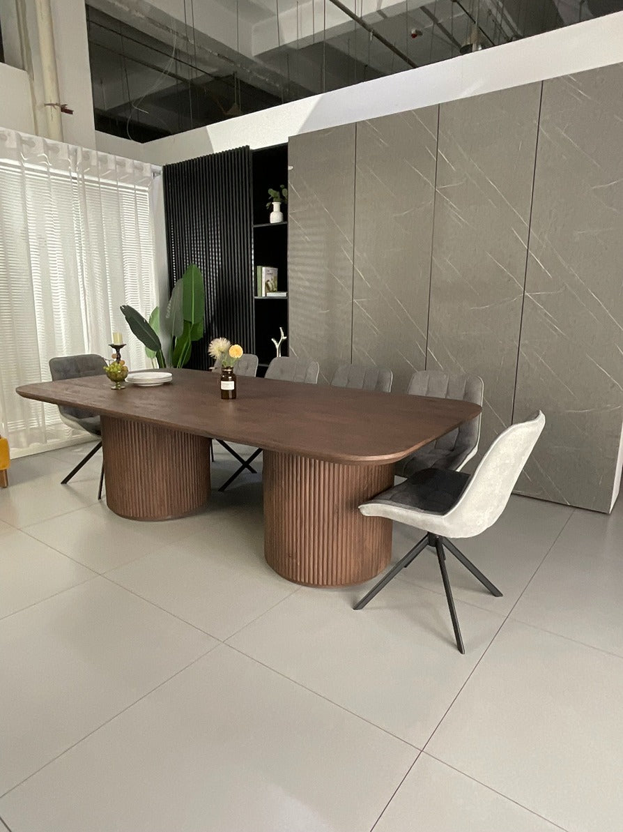 Windsor Walnut Finish Dining Set with Grey Larkin 360 Auto Spin Chair