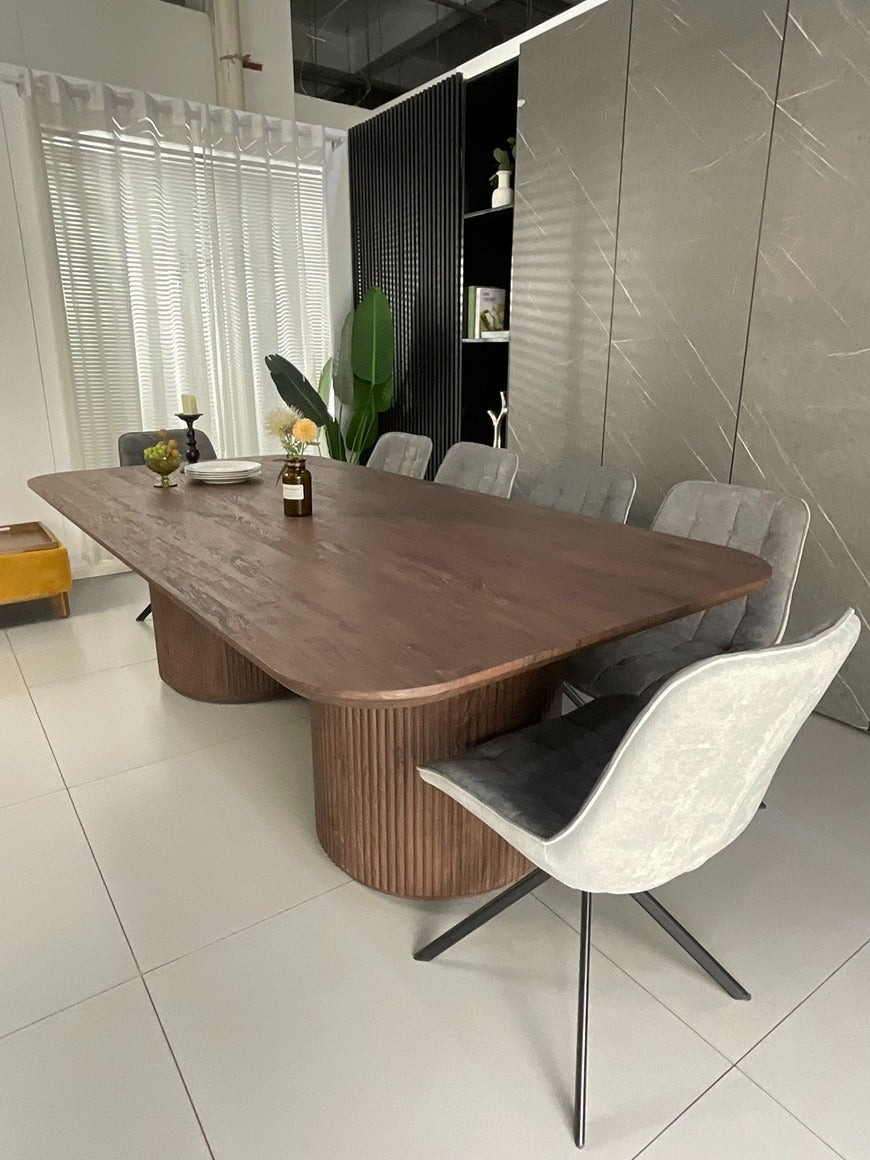 Windsor Walnut Finish Dining Set with Grey Larkin 360 Auto Spin Chair