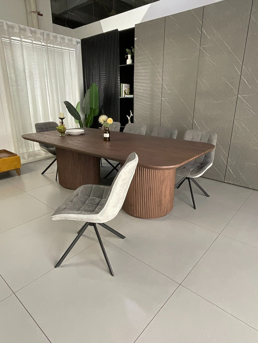 Windsor Walnut Finish Dining Set with Grey Larkin 360 Auto Spin Chair