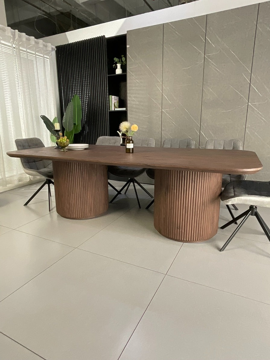 Windsor Walnut Finish Dining Set with Grey Larkin 360 Auto Spin Chair