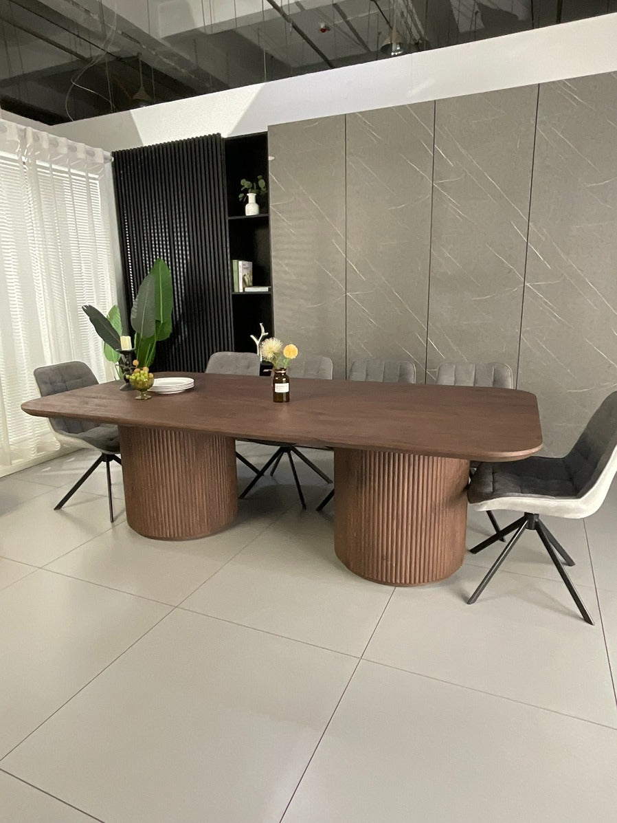 Windsor Walnut Finish Dining Set with Grey Larkin 360 Auto Spin Chair