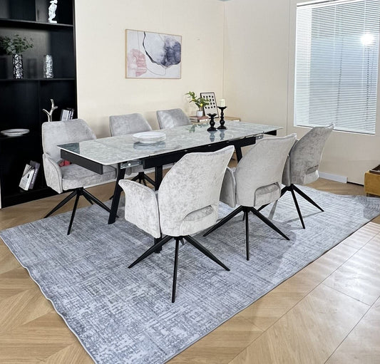 Marlow Green Ceramic Dining Set with 6 Tulip 360 Auto Spin Chair with Armrest Grey