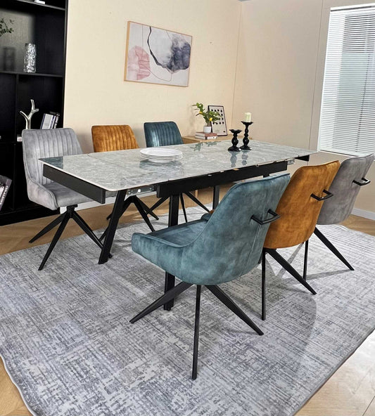 Marlow Green Ceramic Dining Set with 6 Russell 360 Auto Spin Chair Mixed Colours