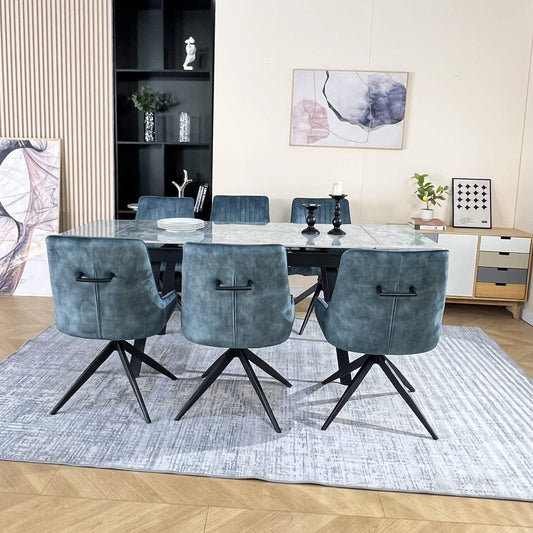 Marlow Green Ceramic Dining Set with 6 Russell 360 Auto Spin Chairs Teal Blue