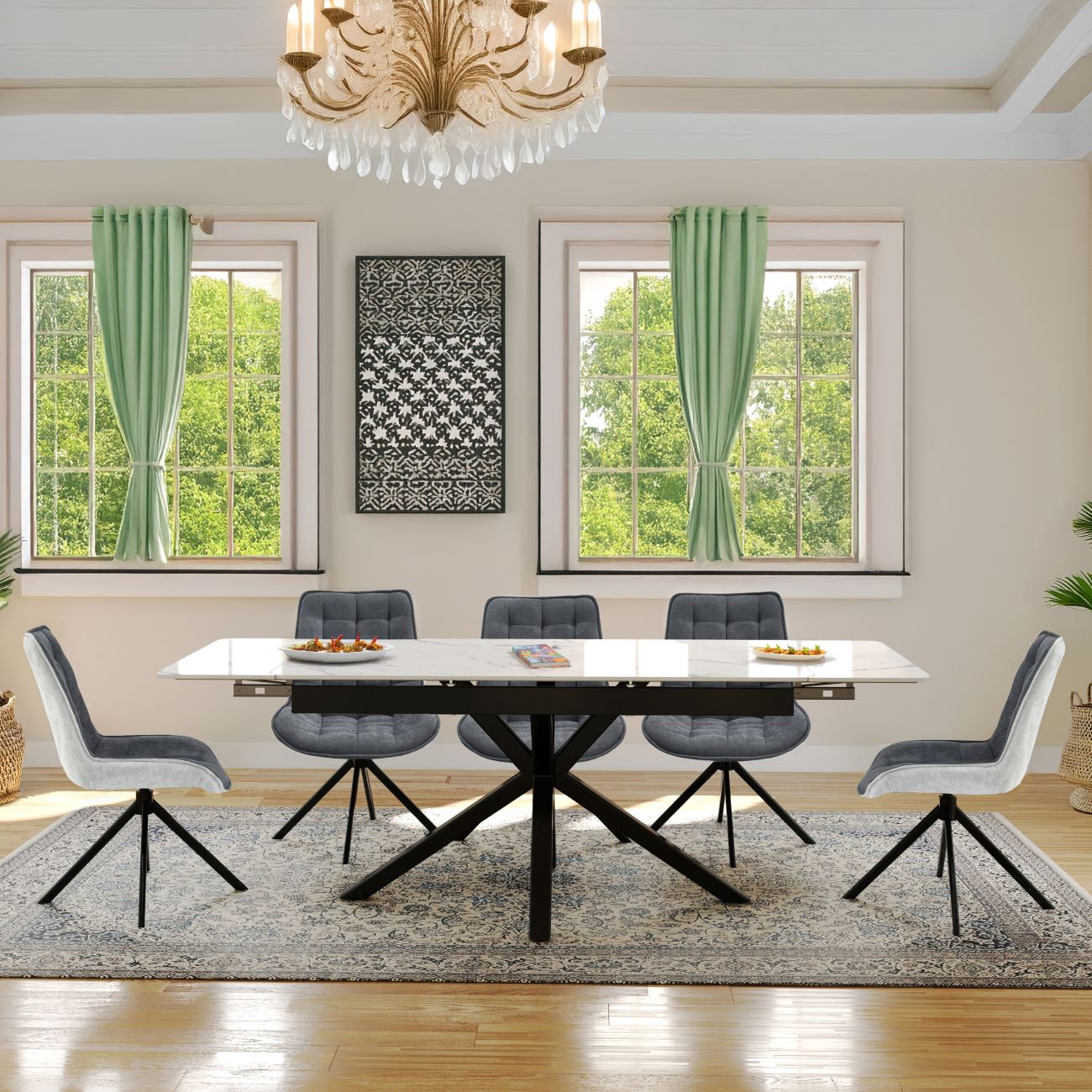 Oxford Black and 6 Larkin Chairs Grey White Dining Set