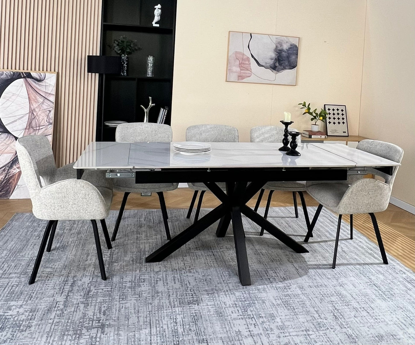 Oxford Dining Table Set White with 6 Brutas 360 Auto Spin Chairs Hevre 22