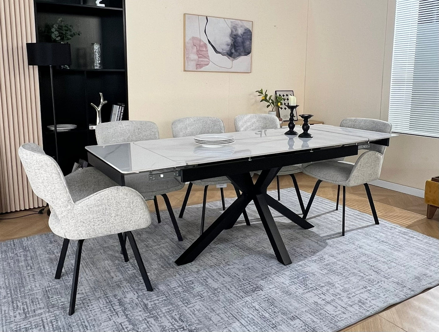 Oxford Dining Table Set White with 6 Brutas 360 Auto Spin Chairs Hevre 22