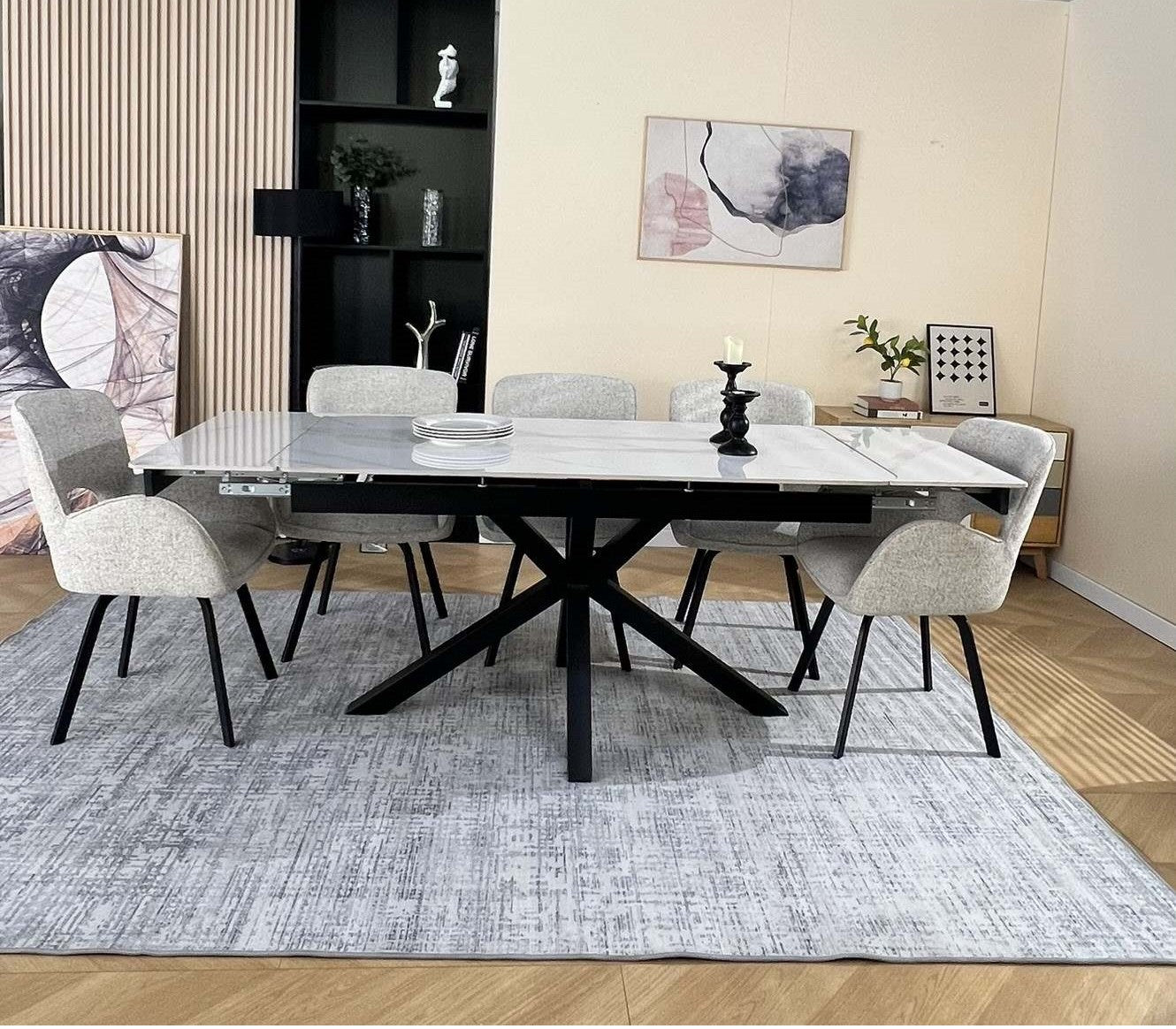 Oxford Dining Table Set White with 6 Brutas 360 Auto Spin Chairs Hevre 22