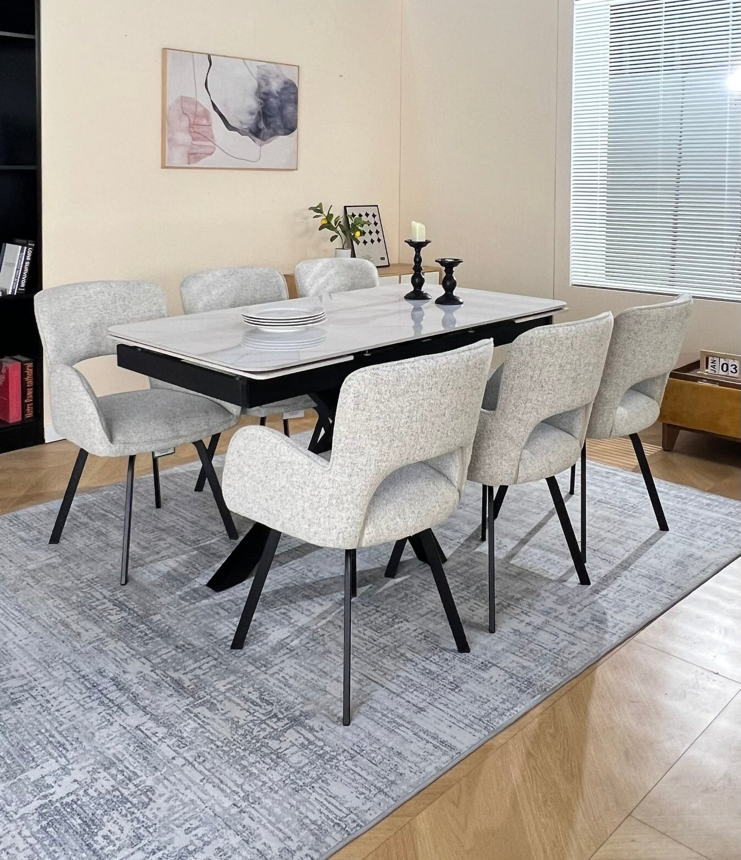 Oxford Dining Table Set White with 6 Brutas 360 Auto Spin Chairs Hevre 22