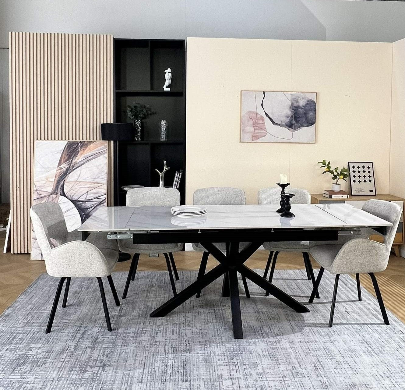 Oxford Dining Table Set White with 6 Brutas 360 Auto Spin Chairs Hevre 22