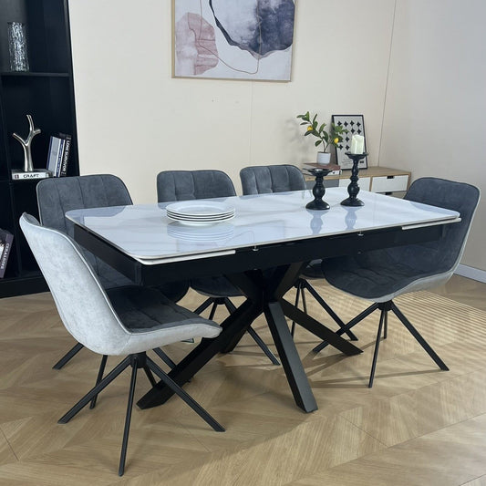 Oxford White Dining Table Set with 6 Larkin 360 Auto Spin Chairs Grey