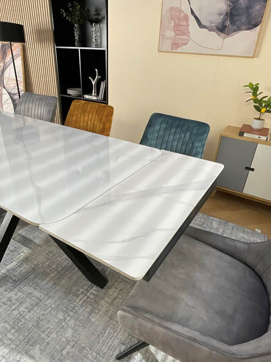 Oxford White Dining Table Set with 6 Russell 360 Auto Spin Chairs Mixed Colour