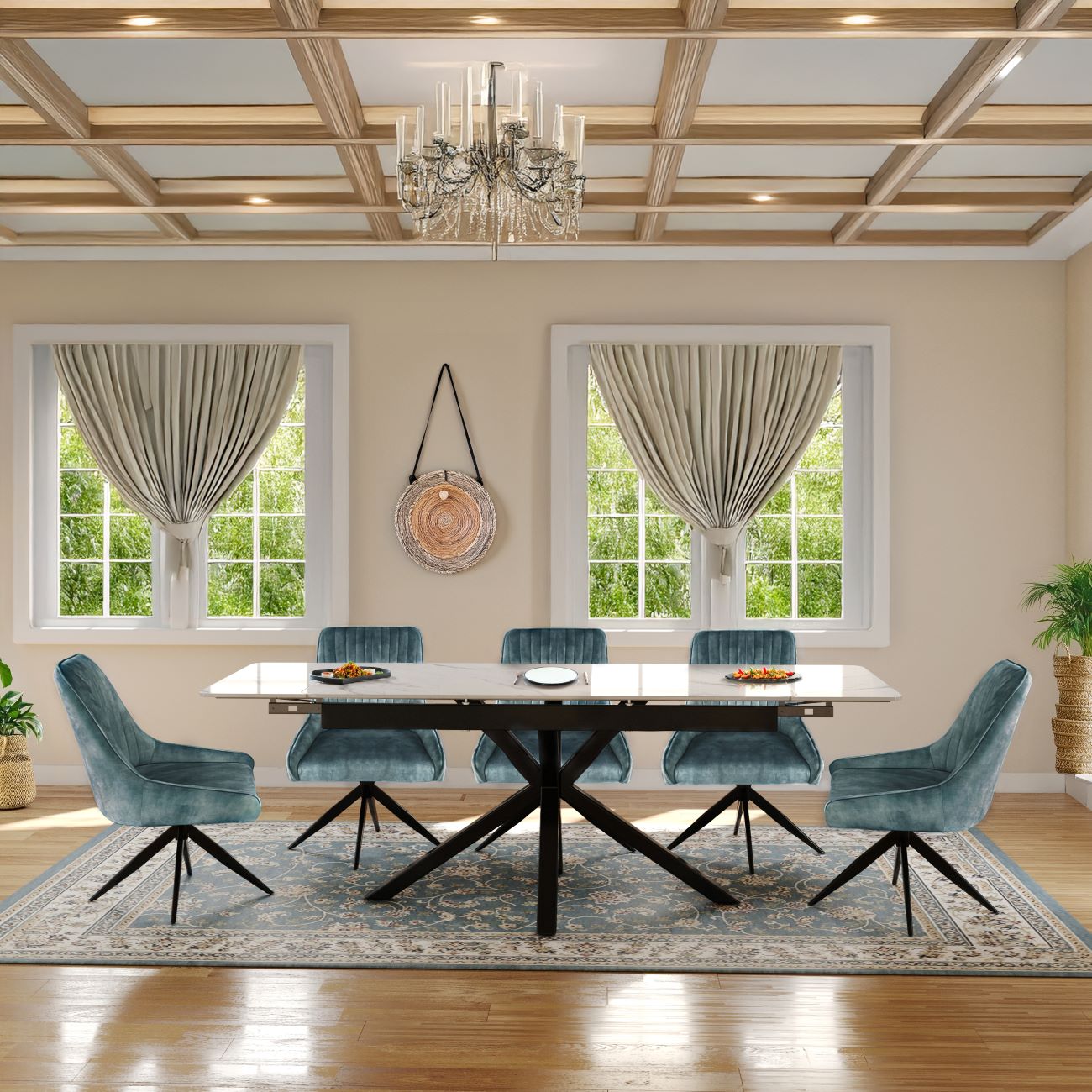 Oxford Black and 6 Russell Chairs Teal Blue Dining Set