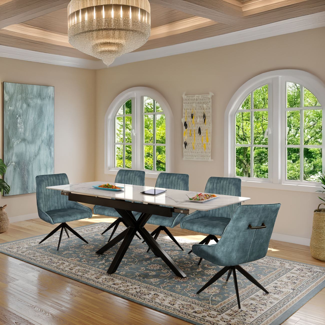 Oxford Black and 6 Russell Chairs Teal Blue Dining Set