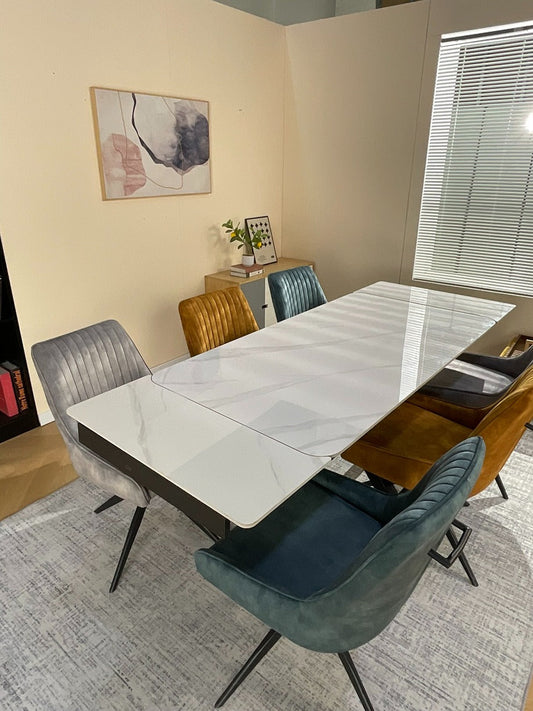 Oxford White Dining Table Set with Russell 360 Auto Spin Chairs Mixed colour