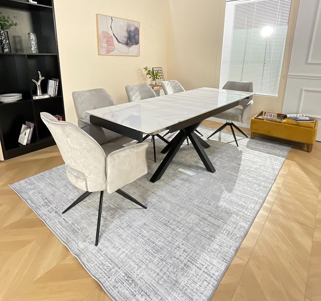 Oxford White Dining Table Set with Tulip 360 Auto Spin Chairs with Armrest Grey