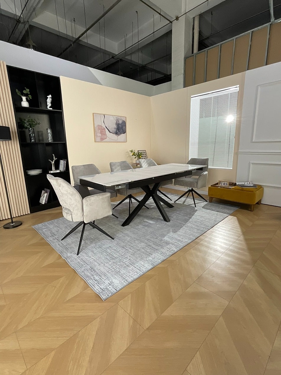 Oxford White Dining Table Set with Tulip 360 Auto Spin Chairs with Armrest Grey