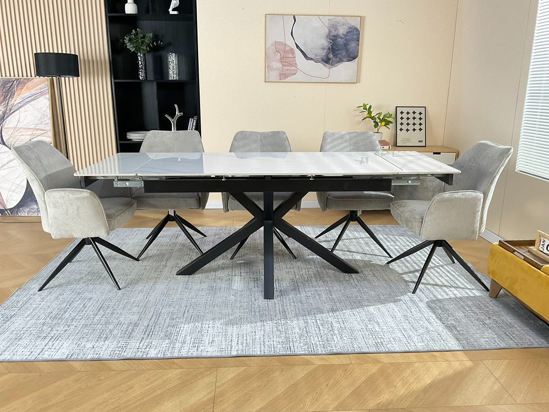 Oxford White Dining Table Set with Tulip 360 Auto Spin Chairs with Armrest Grey