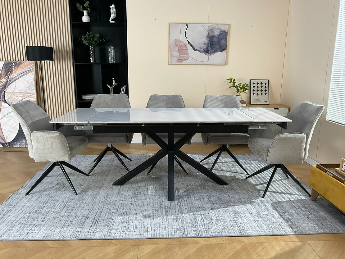 Oxford White Dining Table Set with Tulip 360 Auto Spin Chairs with Armrest Grey