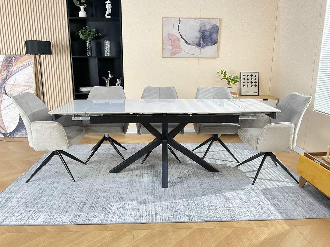 Oxford White Dining Table Set with Tulip 360 Auto Spin Chairs with Armrest Grey